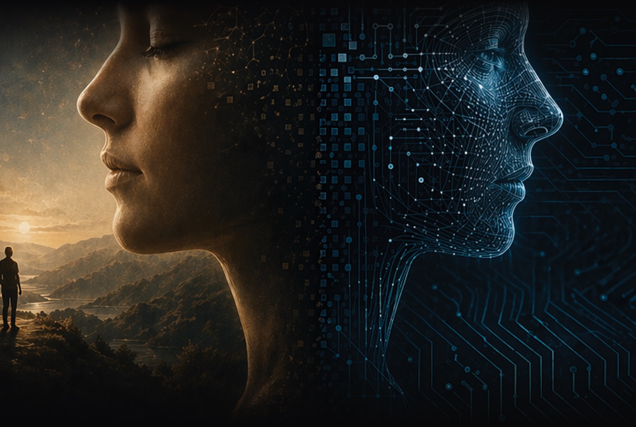A human face dissolving into a circuit-traced machine face